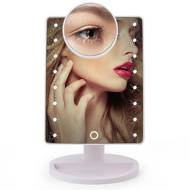 22 LED Light Touch Screen 1X 10X Magnifier Makeup Mirror Desktop Countertop Bright Adjustable USB Cable Or Battery Use 16 Lamp