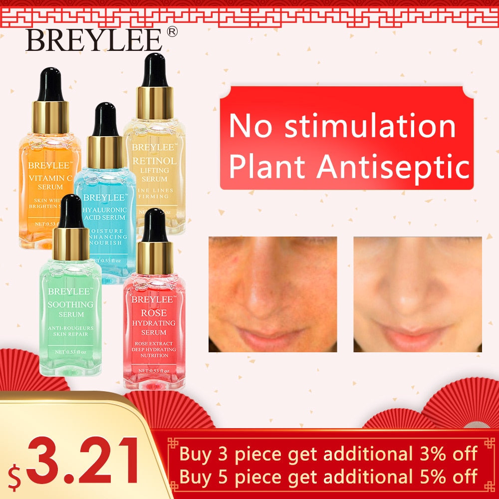 BREYLEE Serum Series Hyaluronic Acid Vitamin C Whitening Face Skin Care Rose Nourish 24k Gold Firm Soothing Repair Essence 1pcs